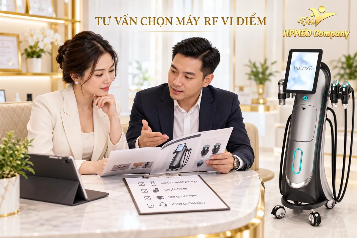 Minh họa tư vấn chọn máy RF vi điểm, chi phí đầu tip, đào tạo và hỗ trợ sau bán hàng với máy Patrix R