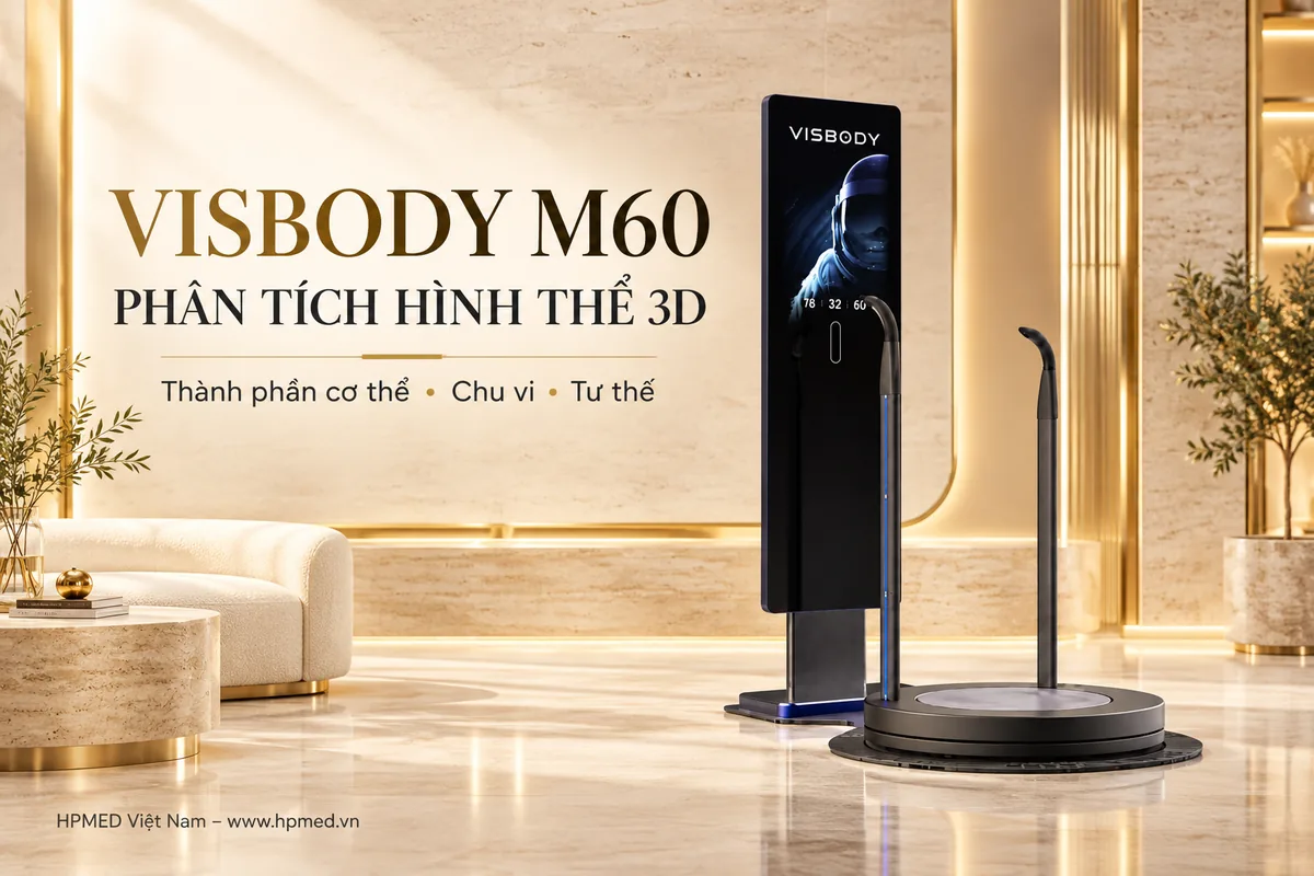 Máy Visbody M60 gồm màn hình đứng và bàn xoay quét hình thể 3D trong không gian wellness